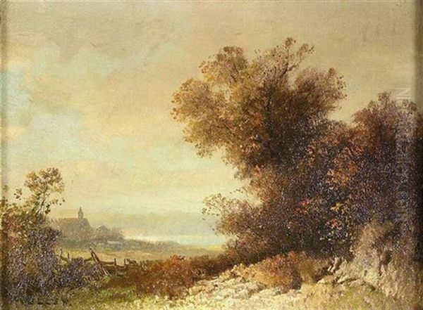 Herbstliche Landschaft. Im Hintergund Ein Kirchdorf An Einem See Oil Painting by Oskar Mulley