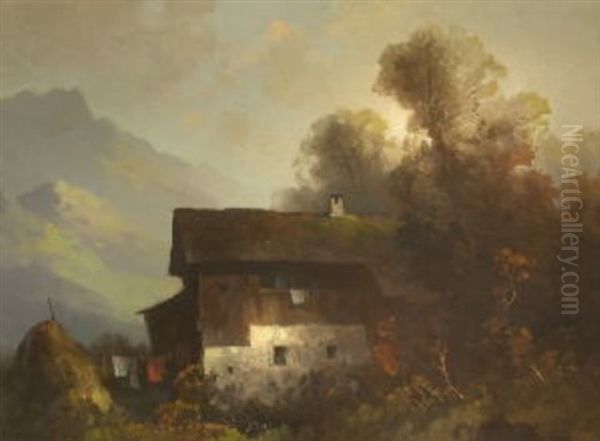 Bauernhaus In Herbstlicher Gebirgslandschaft Oil Painting by Oskar Mulley