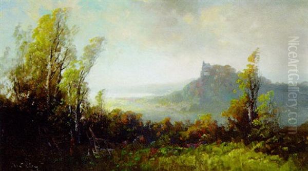 Landschaft Mit Blick Auf Eine Burg, Im Hintergrund Ein Sonniges Tal Oil Painting by Oskar Mulley