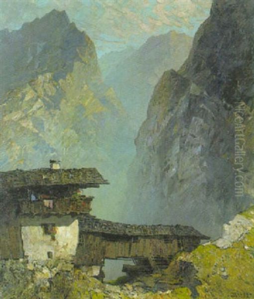 Bergbauernhof Im Hochgebirgstal Oil Painting by Oskar Mulley