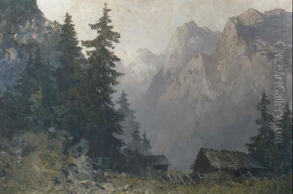 Heustadel Im Hochgebirgstal Oil Painting by Oskar Mulley