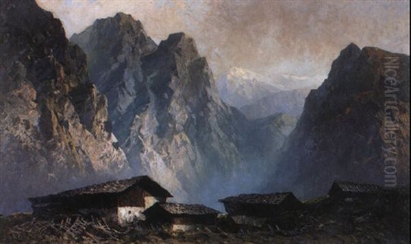 Alm Im Hochgebirge Oil Painting by Oskar Mulley