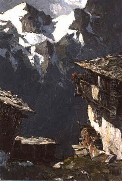 Durchblick Zwischen Bauernhausern Am Hang Auf Das Bergmassiv Oil Painting by Oskar Mulley