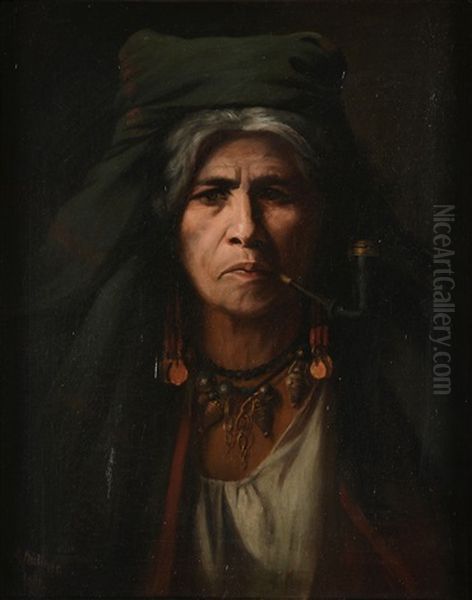 A Native American Woman Smoking A Pipe Oil Painting by Adolf Muellner