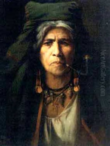 A Native American Woman Smoking A Pipe Oil Painting by Adolf Muellner