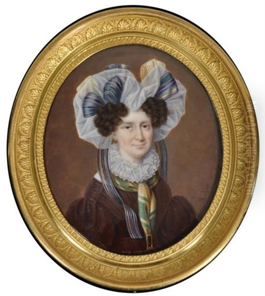 Portrait De Femme En Robe Brune Ornee D'un Col En Dentelle Et La Tete Couverte D'un Enorme Fichu Oil Painting by Etienne Ferdinand Mulnier