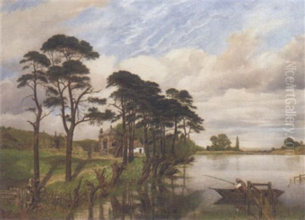 A Fisherman In A Lake Landscape Oil Painting by William Mulready the Younger