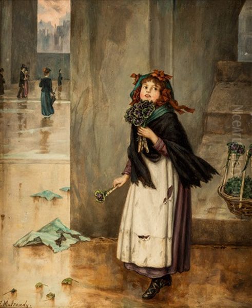 A London Street Flower Seller Oil Painting by Augustus Edwin Mulready