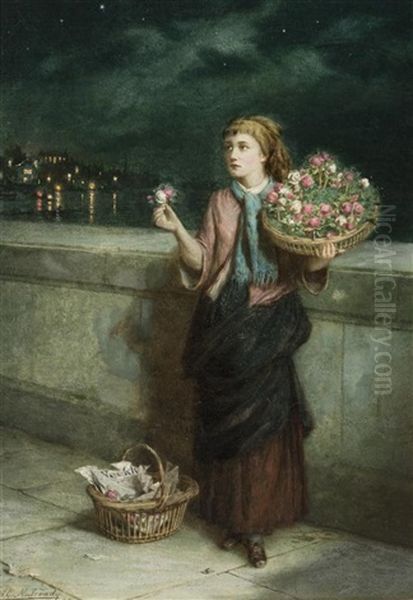 A Town Flower Girl Oil Painting by Augustus Edwin Mulready