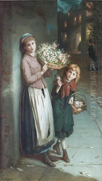 Flower Girls- A Summers Night Oil Painting by Augustus Edwin Mulready