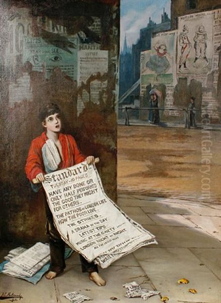 A London News Boy Oil Painting by Augustus Edwin Mulready