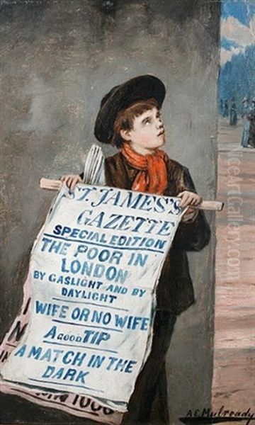 A London Newsboy Oil Painting by Augustus Edwin Mulready