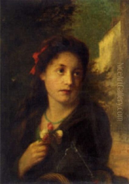 A London Flower Seller Oil Painting by Augustus Edwin Mulready