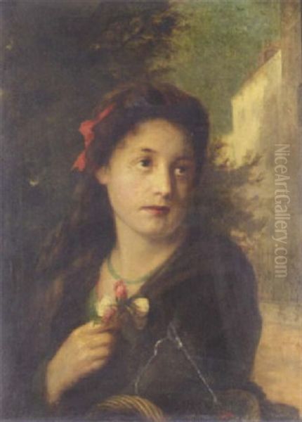 A London Flower Seller Oil Painting by Augustus Edwin Mulready