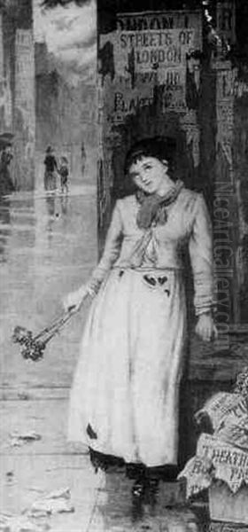 A London Flower Girl Oil Painting by Augustus Edwin Mulready