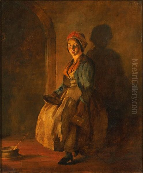 A Serving Girl, By Firelight Oil Painting by William Mulready