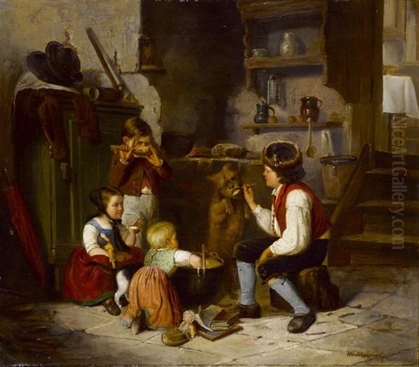 Kucheninterieur Mit Kindern Beim Spiel Mit Puppen Und Futtern Des Hundchens Oil Painting by William Mulready