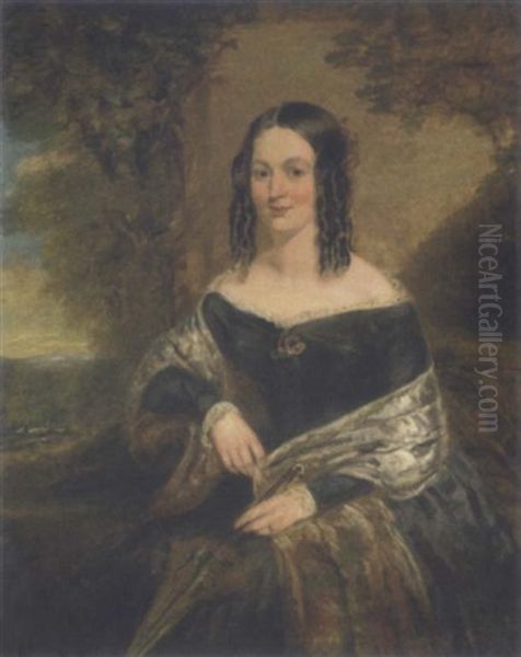 Portrait Of A Lady, Seated, In A Blue Dress With A Patterned Shawl And Parasol, A Floral Brooch On Her Chest, In A Landscape Oil Painting by William Mulready