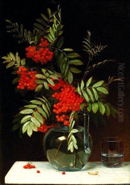 Branche De Groseillier Dans Un Vase Sur Un Entablement Oil Painting by Emma Mulvad