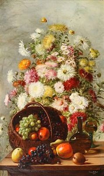 Still Life With Chrysanthemum In A Vase And A Basket With Grapes And Apples Oil Painting by Emma Mulvad