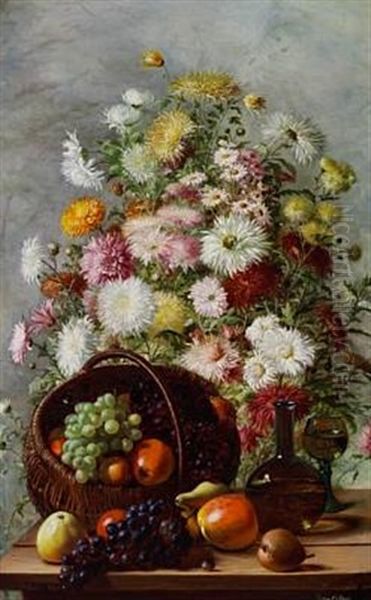 Still Life With Chrysanthemum In A Vase And A Basket With Grapes And Apples Oil Painting by Emma Mulvad