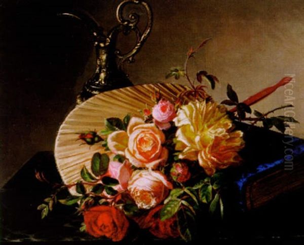 Stilleben Med Rosor, Solfjader, Bok Och Silverkanna Oil Painting by Emma Mulvad