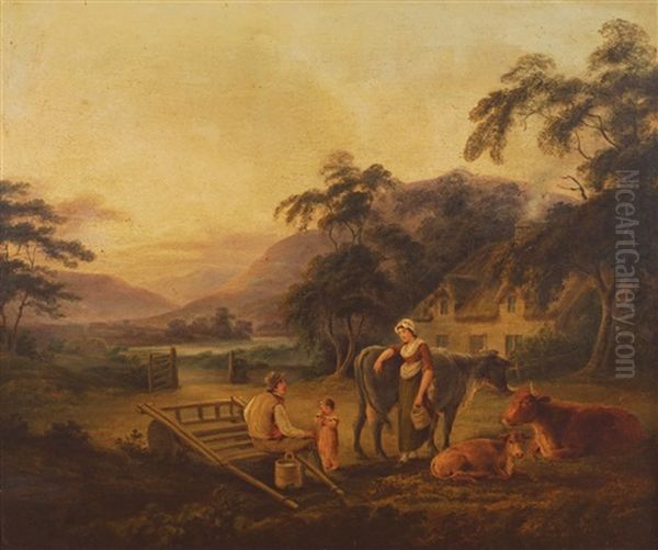 A River Landscape With Thatched Cottage, A Family And Livestock In The Foreground Oil Painting by John George Mulvany