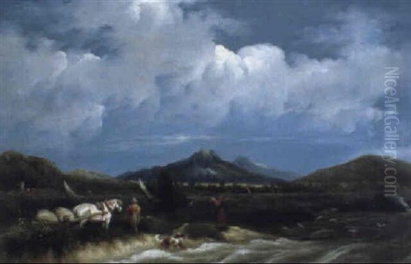 Peasants Winnowing Corn With The Sugarloaf In The Distance Oil Painting by Thomas James Mulvany