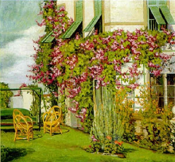 Bougainvilla On The Terrace Oil Painting by Sally Blyth Mummert