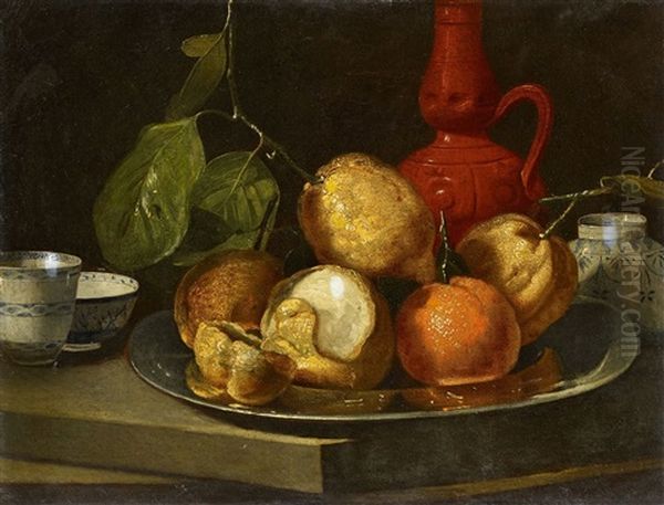 Still Life With Citrus Fruits In A Pewter Dish And Chinese Porcelain Oil Painting by Cristoforo Munari