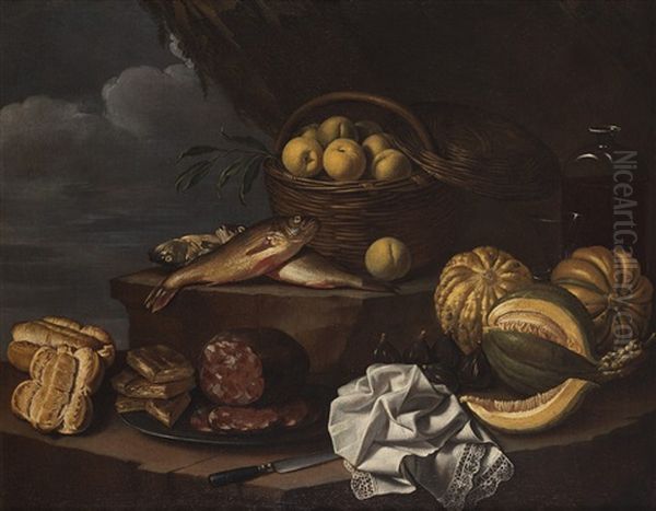 Natura Morta Con Pane, Salumi, Frutta E Pesci Oil Painting by Cristoforo Munari