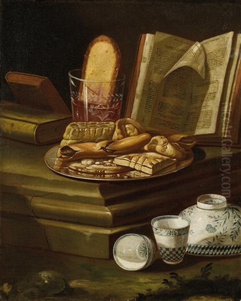 Still Life With Pastries, An Open Book And Porcelain Oil Painting by Cristoforo Munari