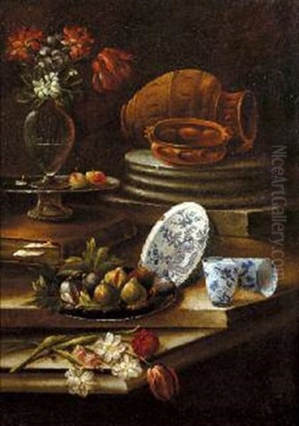 Natura Morta Con Frutti, Vaso Fiorito E Stoviglie And Natura Morta Con Frutti E Ceramiche (2 Works) Oil Painting by Cristoforo Munari