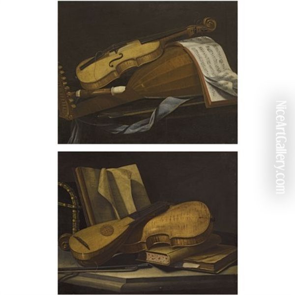 A Still Life Of A Violin, A Lute And A Recorder On A Table (+ A Still Life Of A Violin And A Lute On A Table With Books; Pair) Oil Painting by Cristoforo Munari