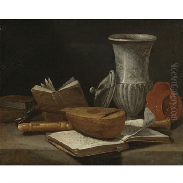 Still Life With A Lute, A Recorder, Books, A Marble Covered Vase And Other Objects Resting On A Table Oil Painting by Cristoforo Munari