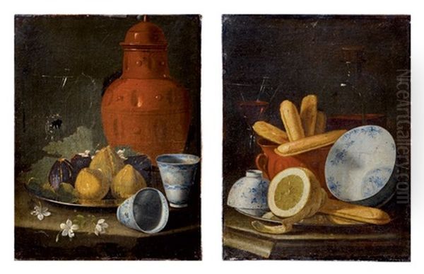 Figues, Fleurs Et Porcelaine De Chine A Decor Bleu Et Blanc D'epoque Ming (+ Citrons, Boudoirs Et Porcelaine De Chine A Decor Bleu Et Blanc D'epoque Ming; Pair) Oil Painting by Cristoforo Munari