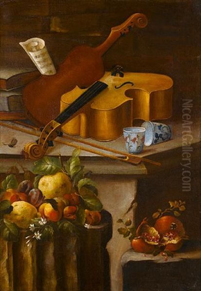 A Basket Of Flowers On A Stone Ledge, With Pomegranates, Lemons, Apples, Strawberries And A Fig (+ A Violin With Two Porcelain Cups On A Stone Ledge, With Lemons, Peaches And Plums On A Stone Column; Oil Painting by Cristoforo Munari