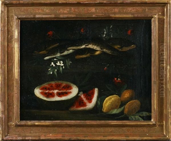 Stilleben Mit Fischen, Melone Und Zitronen Zwischen Blumen Oil Painting by Cristoforo Munari