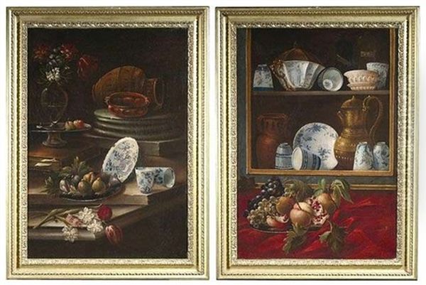 Glasschrank Mit Chinesischem Porzellan, Fruchten Und Anderen Gegenstanden (+ Another, Similar; Pair) Oil Painting by Cristoforo Munari