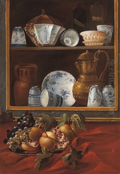 Un Piatto Di Frutta Posto Davanti Una Dispensa Quasi In Forma Di Trompel'oeil Contenente Vasellame Di Vario Tipo E Liquori, (+ Another Similar; Pair) by Cristoforo Munari