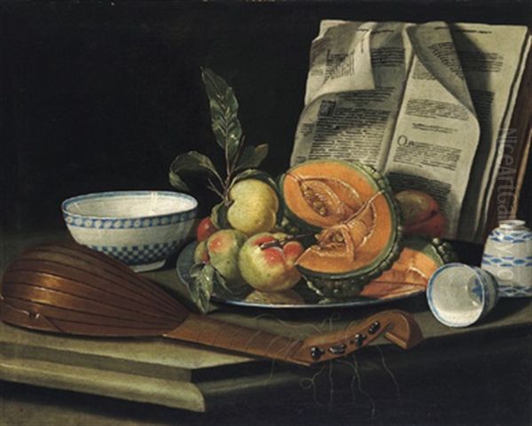 Natura Morta Con Liuto, Frutta E Porcellana: Stillleben Mit Einer Laute, Fruchten Und Porzellangeschirr Oil Painting by Cristoforo Munari