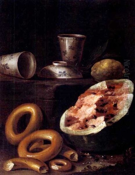 Natura Morta Con Ciambelle E Anguria E, Sopra Un Basamento Tazzine Di Porcellana Cinese E Un Limone Oil Painting by Cristoforo Munari