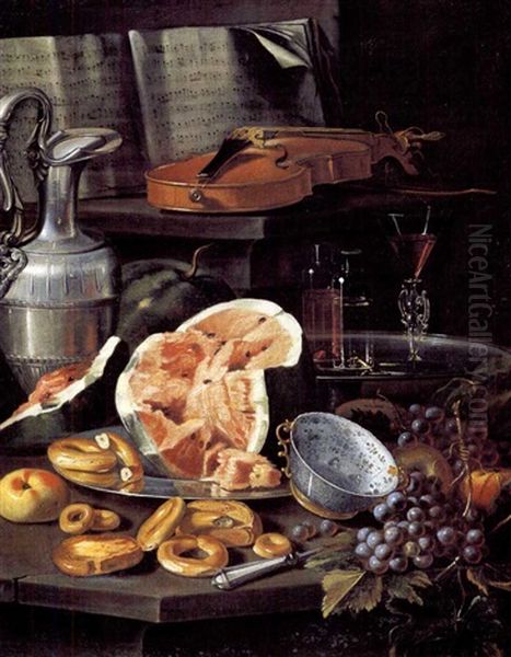 Natura Morta Con Spartito, Violino, Brocca Con Peltro, Alzata Con Bicchieri, Piatto Con Anguria E Dolci, Ciatola Di Porcellana Cinese E Uva Oil Painting by Cristoforo Munari