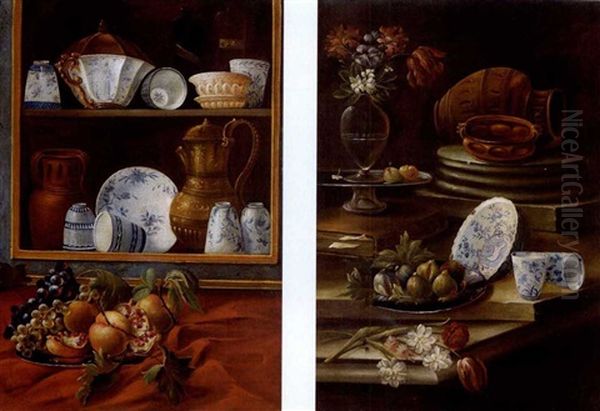 Raffiguranti Il Primo Un Piatto Di Frutta Posto Davanti Una Dispensa Quasi In Forma Di Trompel'oeil (+ Another Similar; Pair) Oil Painting by Cristoforo Munari