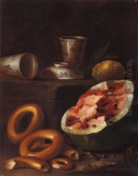 Natura Morta Con Ciambelle E Anguria E, Sopra Un Basamento Tazzine Di Porcellana Cinese E Un Limone Oil Painting by Cristoforo Munari