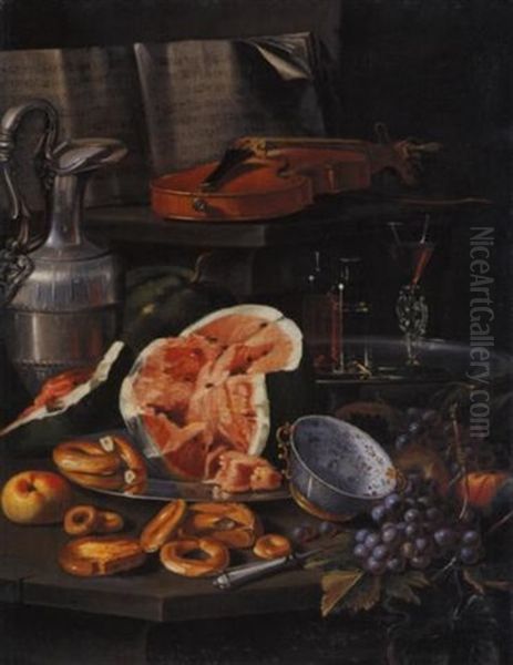 Natura Morta Con Spartito, Violino, Brocca Con Peltro, Alzata Con Bicchieri, Piatto Con Anguria E Dolci, Ciotola Di Porcellana Cinese E Uva Oil Painting by Cristoforo Munari