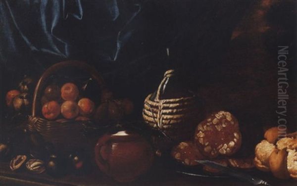 Peaches, Figs And Apples In A Basket, An Earthenware Jar, Salame On A Pewter Plate With A Knife, A Bottle And Bread On A Stone Ledge, A View To A Landscape Beyond Oil Painting by Cristoforo Munari