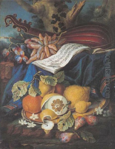 Nature Morte Aux Fruits Et Instruments De Musique Oil Painting by Cristoforo Munari