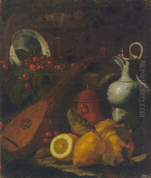 Still Life Of Lemons, A Lute, An Upturned Blue And White Bowl With Cherries, And A Jug On A Ledge Oil Painting by Cristoforo Munari