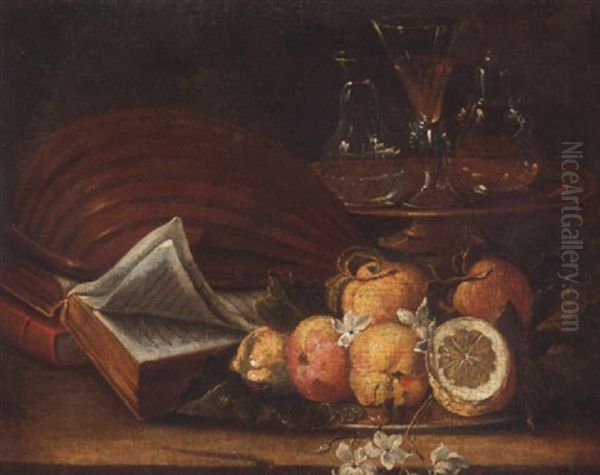 Still Life Of A Lute, Books, Apples And Lemons, Together With A Gilt Tazza With A Wine Glass And Decanters, All Upon A Stone Ledge Oil Painting by Cristoforo Munari